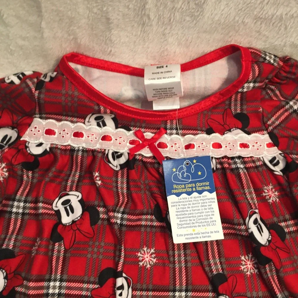 Disney Minnie Mouse Nightgown Kids Size 2T Red Plaid NWT Holiday Lace Ruffle